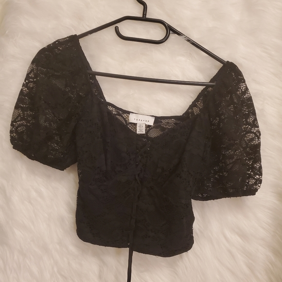 TopShop Black Lace Tie Puff Sleeve Crop Top - Size XXS, 00, 0 - Picture 2 of 9